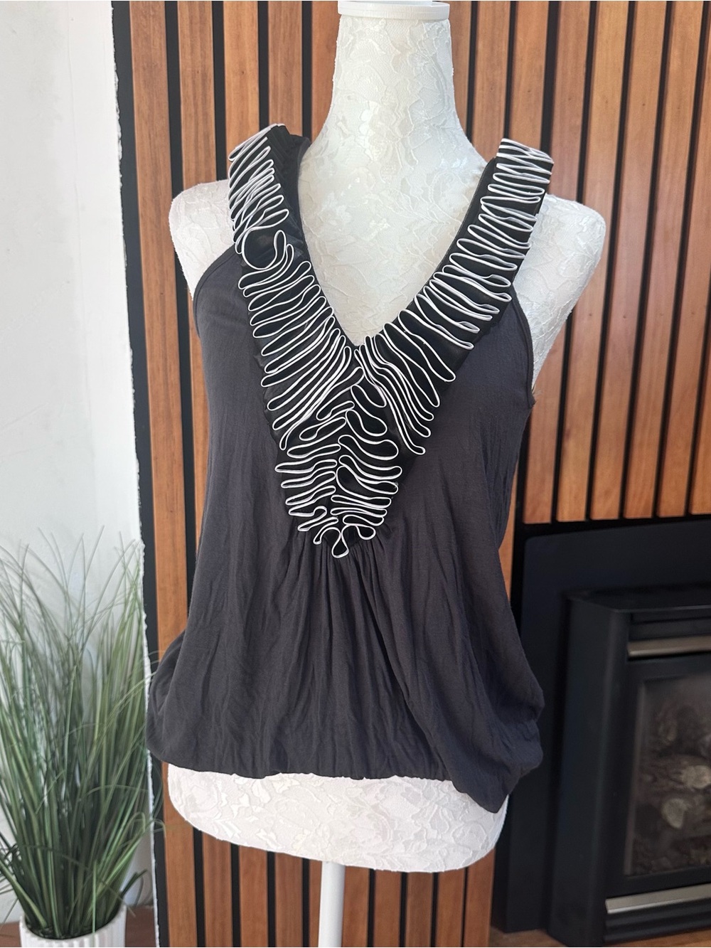 Women’s Black V-Neck Tank Top with White Trim Detail